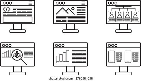 Set Icons Desktop Website. Website Developing, Coding, Web Development Icon User Experience And Interaction.