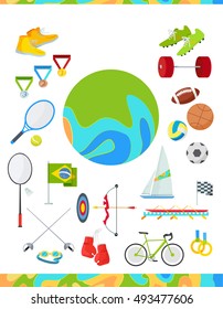 Set of icons devoted to summer sport games in Brazil. Gold medal event. Worldwide sport competition in Latin America. Brazilian championship. Rio de Janeiro. Sport equipment and flag. Vector