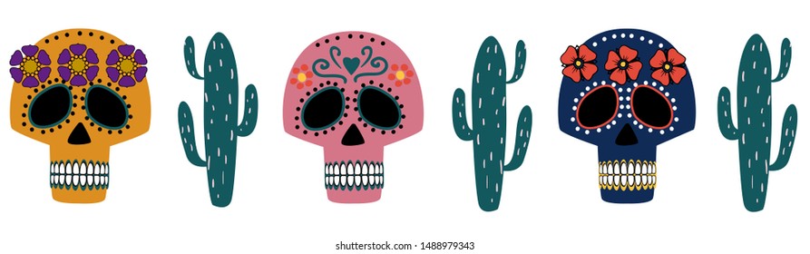 Set of icons Dia de los muertos, Day of the dead, Mexican holiday, festival. Vector poster, banner, printing stickers    and card with make up of colorful skull and cactus.
