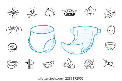 Set of icons for diapers and pants. Vector illustration on white background. Perfect for pads, baby and adult diapers, tissues, napkins and etc. EPS10.	