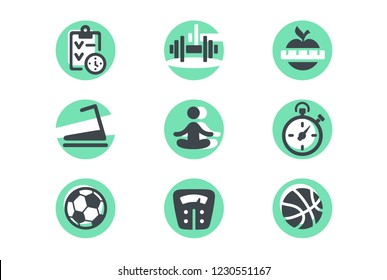 Set icons with diet, ball, weight and planning. Concept collection modern symbols for fitness, sport and yoga equipment, internet, ad, web. Pixel perfect. Vector illustration.