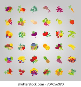 Set of  icons of diet food: fruits, vegetables, fish, greens.