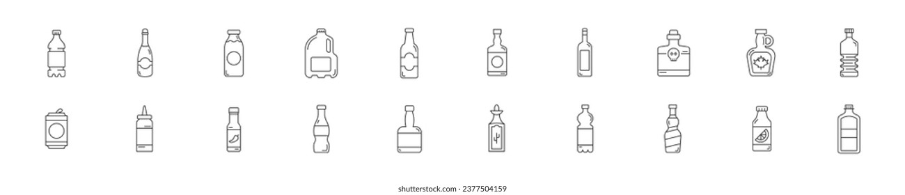Set of icons with different bottles in linear style. Vector illustration.