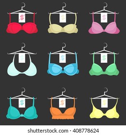 Set of icons of different bras on a hanger. Icons sale.