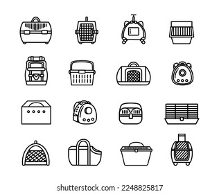 Set of icons of different carriers, cages, bags, backpacks, box for domestic pets: cat, dog, rabbit, guinea pig, hamster, reptiles. Accessorises for transportation. Vector illustration in line style