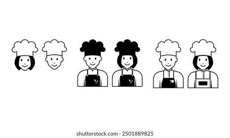 A set of icons different chef women and men for restaurants, cafes and food products. Vector illustration