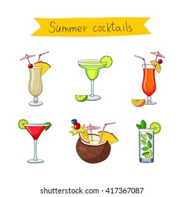 Set icons of different cocktails. Bright summer tasty alcoholic cocktails. Pina colada, tequila sunrise, margarita, mojito, coconut, cosmopolitan. Vector illustration on white background.