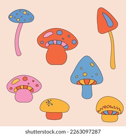 Set icons with different colored mushrooms with a dark stroke in hippie style