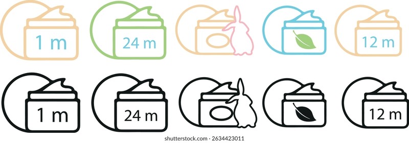 set of icons of different colors and shapes of facial cosmetics with additional labels, for cosmetology or other beauty fields	