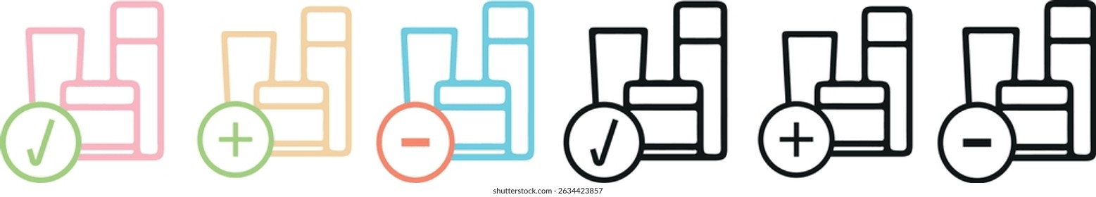 set of icons of different colors and shapes of facial cosmetics with additional plus, minus and check marks, for cosmetology or other beauty fields