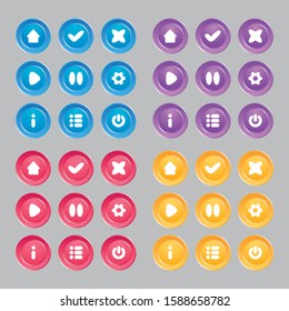 A set of icons of different colors for the user interface design of mobile and PC games and applications with user icons, downloads, navigation, games, pause, sound, settings and options.