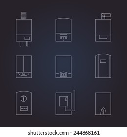 Set of icons of different contour gas boilers on dark background