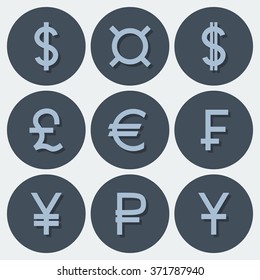 Set of icons with different currency symbols in blue tones with shadows