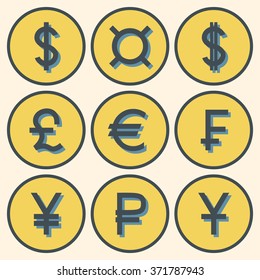  Set of icons with different currency symbols with shadows