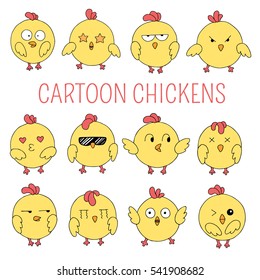 Set of icons with different emotions cock. Collection of emoticons for site, info graphics, video, animation, websites, mails, newsletters, reports, comics. Doodle illustration. Hand drawn chicken
