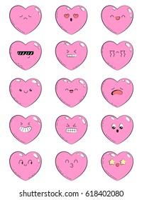 Set of icons with different emotions heart. Collection of emoticons for site, info graphics, video, animation, websites, mails, newsletters, reports, comics. Doodle illustration. Hand drawn heart