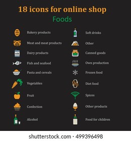 Set of icons of different food for the food section in the online store. Catalog foods of all kinds. Color images. Vector Illustration