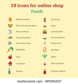 Set of icons of different food for the food section in the online store. Catalog foods of all kinds. Color images. Vector Illustration