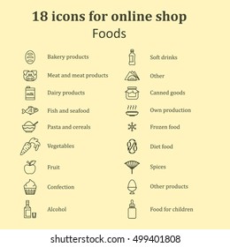 Set of icons of different food for the food section in the online store. Catalog foods of all kinds. Vector Illustration