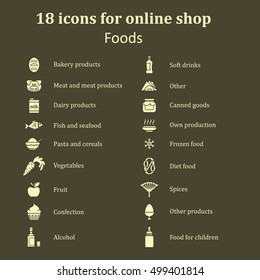 Set of icons of different food for the food section in the online store. Catalog foods of all kinds. Vector Illustration