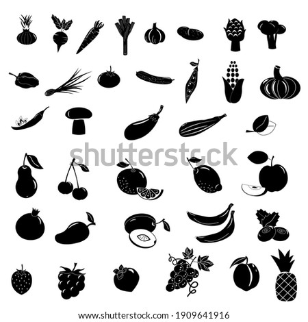 Set of icons with different fruits. Vector monochrome illustration. For logos, cafes, menus, restaurants and various designs.