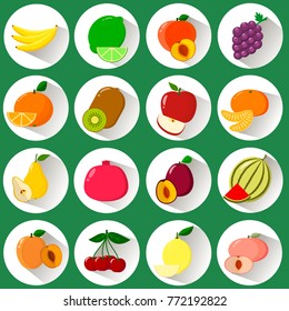 A set of icons of different fruits in a white circle with a shadow on a green background. Logo, vegetables for the farm. Flat style, vector.