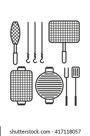 Set of icons with different grids to barbecue. Grill fish, grill meat, sausage grill, skewer, spatula, fork.Cartoon flat vector illustration. Objects isolated on a background. 