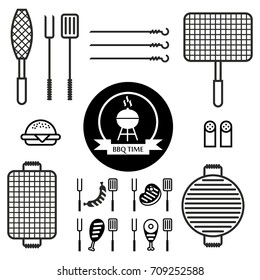 Set of icons with different grids to barbecue. Grill fish, grill meat, sausage grill, skewer, spatula, fork. Cartoon flat vector illustration. Objects isolated on a background.