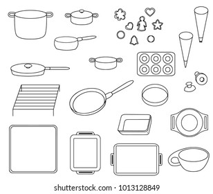 Set icons of different kinds of cookware vector illustration sketch