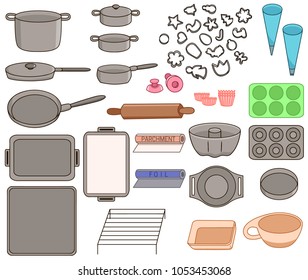 Set icons of different kinds of cookware vector illustration sketch