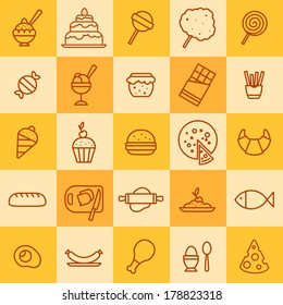 set of icons of different kinds of food on a colored background