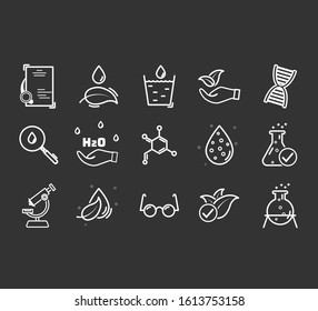 Set of icons for different medical specialization. Anti-dandruff flakes free icons. Paraben chemical formula icons. 
