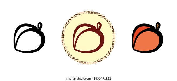 Set of icons with different peach style. Contour, color and retro peach symbols. Freehand drawing, doodles. Stylish solution for website and label.