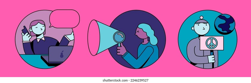 Set of icons with different people in simple line art style: an office worker, a researcher, a protester.