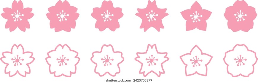 Set of icons of different pink flowers, cherry blossoms. Isolated on white background.