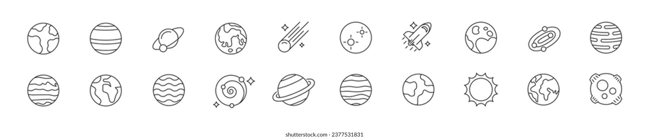 Set of icons with different planets in linear style. Vector illustration.