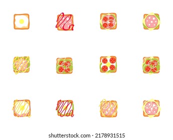 Set of icons of different sandwiches on a white background