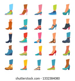 Set of icons of different shoes with feet. Sneakers, loafers, sandals, ballet shoes, cowboy boots, sports, with and without heels. Vector cartoon flat style illustration isolated on white background.