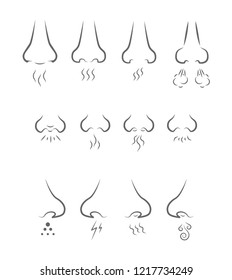set of icons with different silhouettes of the nose that inhales the various smells that are depicted in the form of waves and balls