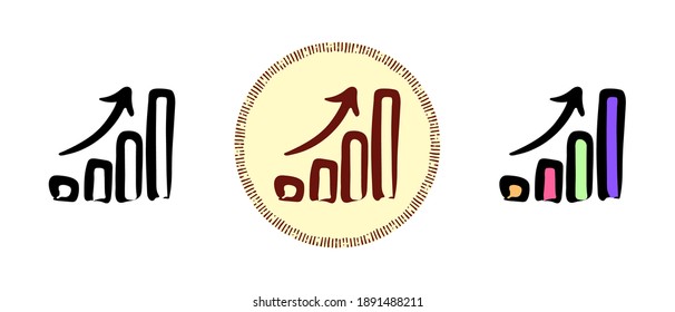 It is a set of icons with different style of growth graph. Outline, color and retro growth chart symbols. Freehand drawing, doodles. Stylish solution for website and label.