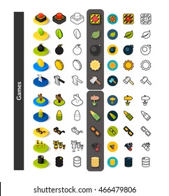 Set of icons in different style - isometric flat and outline, colored and black versions, vector symbols - Games collection