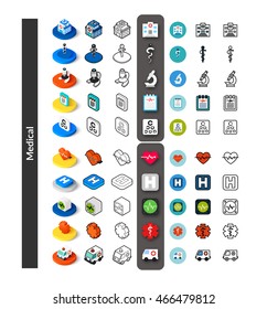 Set of icons in different style - isometric flat and outline, colored and black versions, vector symbols - Medical collection