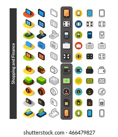 Set of icons in different style - isometric flat and outline, colored and black versions, vector symbols - Shopping and finance collection