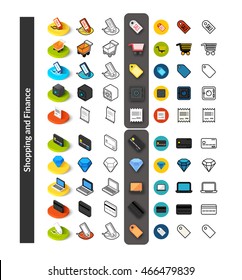 Set of icons in different style - isometric flat and outline, colored and black versions, vector symbols - Shopping and finance collection