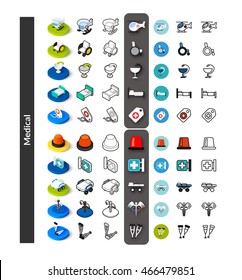 Set of icons in different style - isometric flat and outline, colored and black versions, vector symbols - Medical collection