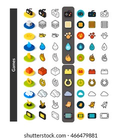 Set of icons in different style - isometric flat and outline, colored and black versions, vector symbols - Games collection