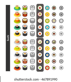 Set of icons in different style - isometric flat and outline, colored and black versions, vector symbols - Sushi collection