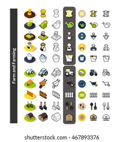 Set of icons in different style - isometric flat and outline, colored and black versions, vector symbols - Farm and farming collection