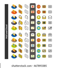 Set of icons in different style - isometric flat and outline, colored and black versions, vector symbols - Mail and cloud collection