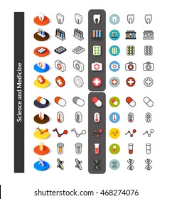 Set of icons in different style - isometric flat and otline, colored and black versions, vector symbols - Science and medicine collection